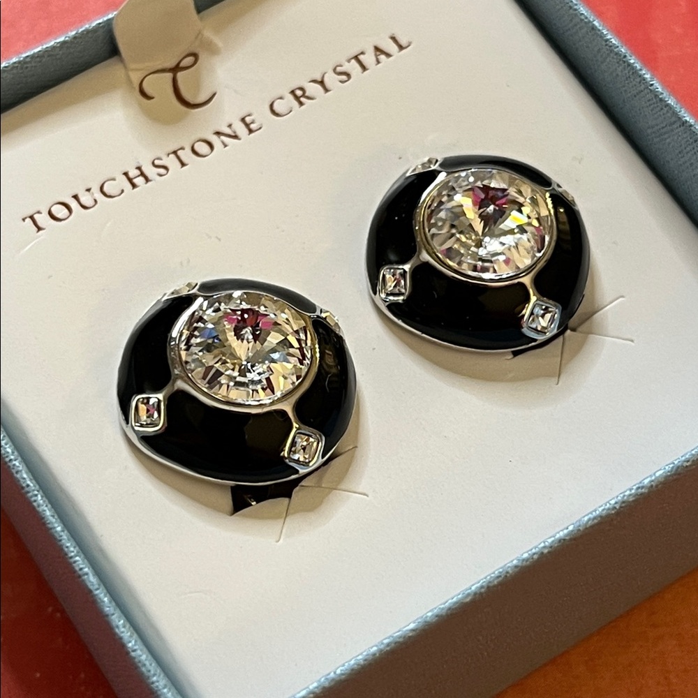 Vintage Swarovski Touchstone Crystal black enamel clear crystal clip earrings